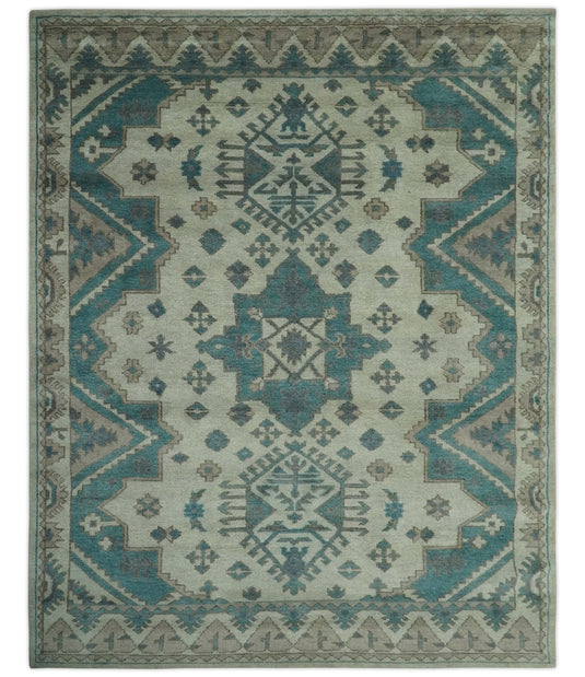 Custom Made Tribal Pattern Beige,Teal and Brown Traditional Hand knotted wool Area Rug