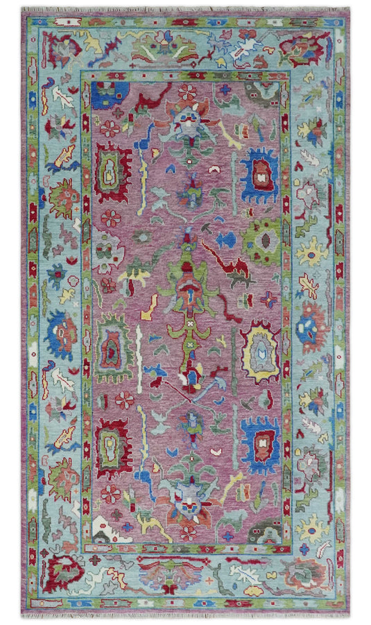 Vibrant Pink and Blue Hand knotted Coloful Oushak Multi Size wool Area Rug