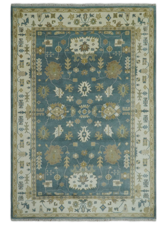 Custom Made Hand Knotted Teal, Beige And Olive Classic Oriental Oushak Rug Wool Area Rug