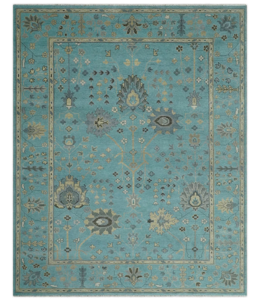 Custom Made Traditional Floral Hand Knotted Blue, Gray And Beige Wool Area Rug