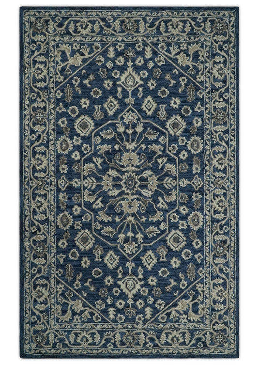 Custom Made Hand Tufted Navy Blue and Beige Traditional Medallion Wool Area Rug