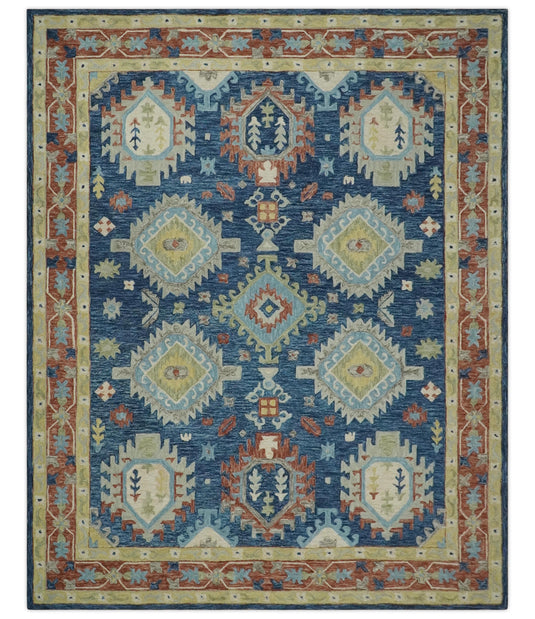 Custom Made Traditional Turkish Silver, Blue, Brown And Olive Hand Tufted Wool Area Rug