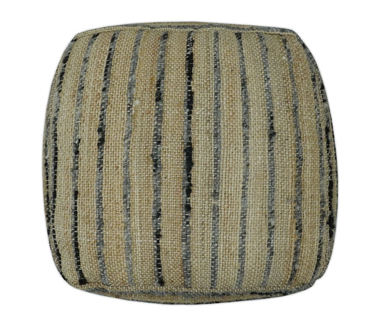 Charcoal And Beige Strip Wool And Jute Footstool, Seat, Foot Rest Living Room, Bedroom