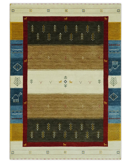 Custom Made Ivory, Brown, Blue And Maroon Lori Gabbeh Handloomed Wool Area Rug