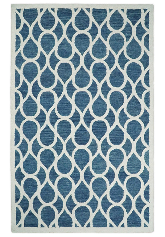 Custom Made Modern Trellis Pattern Blue And Ivory Hand Tufted Wool Area Rug