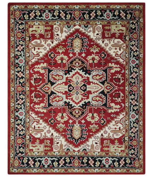 Custom Made Traditional Medallion Pattern Red, Black, Beige and Ivory Hand Knotted wool Area Rug