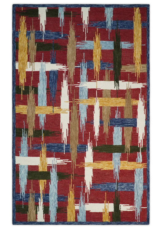 Custom Made Abstract Pattern Maroon, Ivory, Brown And Blue Hand Tufted  Wool Area Rug