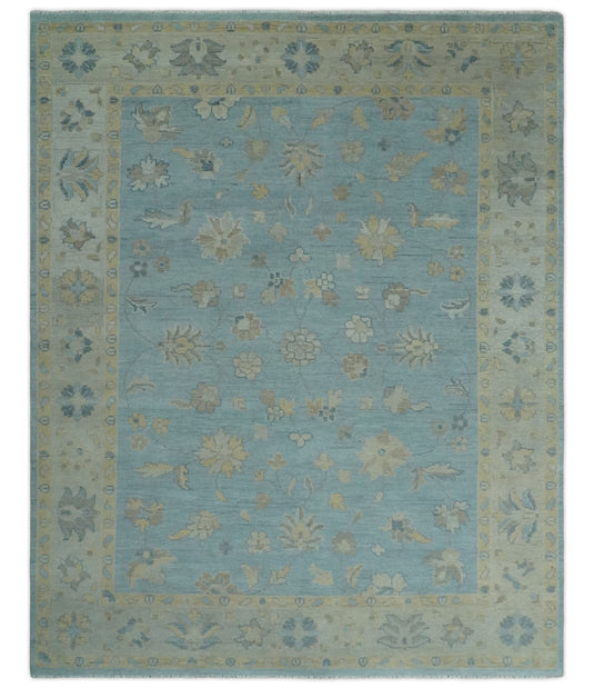 Custom Made Traditional Floral Hand Knotted Light Blue And Beige Wool Area Rug