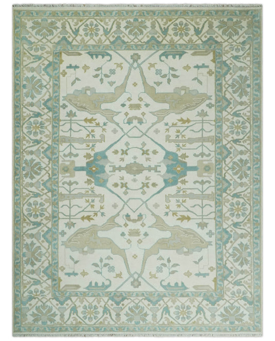 6x9, 9x12, 10x14, 12x15 Ivory and Light Blue Oriental Persian Oushak Wool Hand Knotted Area Rug | CP112