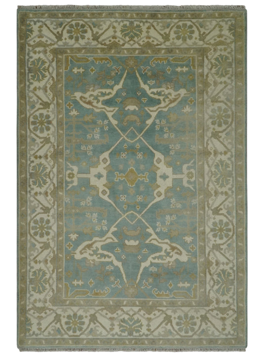 Custom Made Hand Knotted Oriental Oushak Beige, Ivory And Teal Wool Area Rug