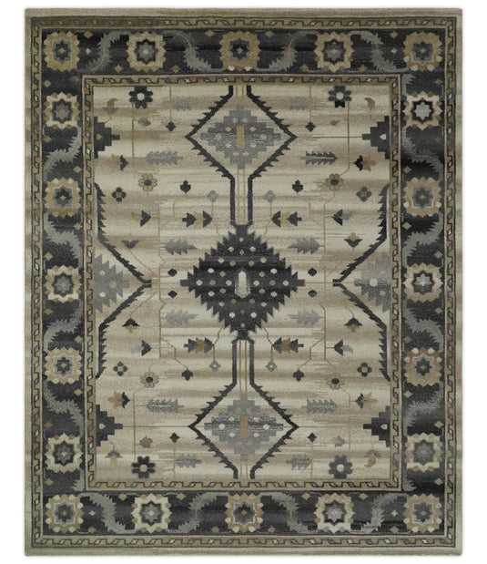 Traditional Tribal Pattern Charcoal, Gray, Beige and Ivory Hand Knotted 8x10 ft wool Area Rug