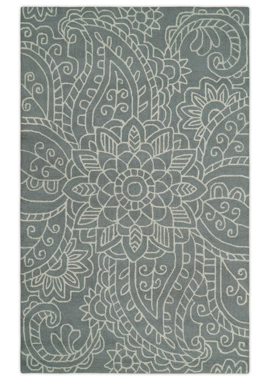 Custom Made Traditional Floral Gray And Ivory Hand Tufted  Wool Area Rug