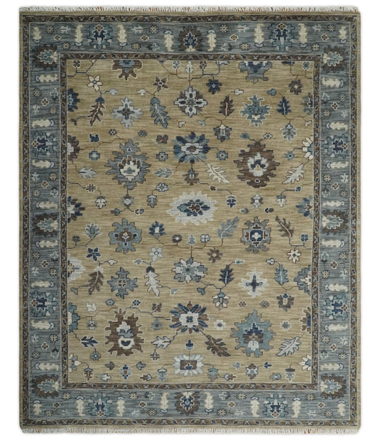 Custom Made Traditional Floral Light Brown and Gray Hand Knotted Oushak Wool Area Rug