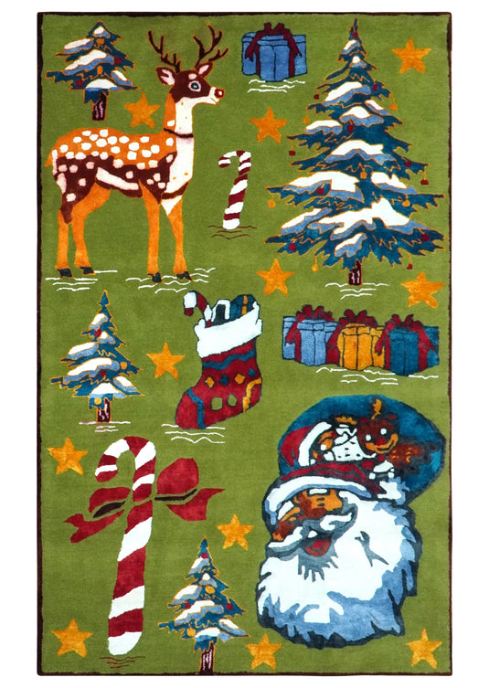 Colorful Christmas Theme Green, Gold, Blue, White And Red Hand Tufted 2x3 ft Bedroom, Kids Room Rug Wool Area Rug