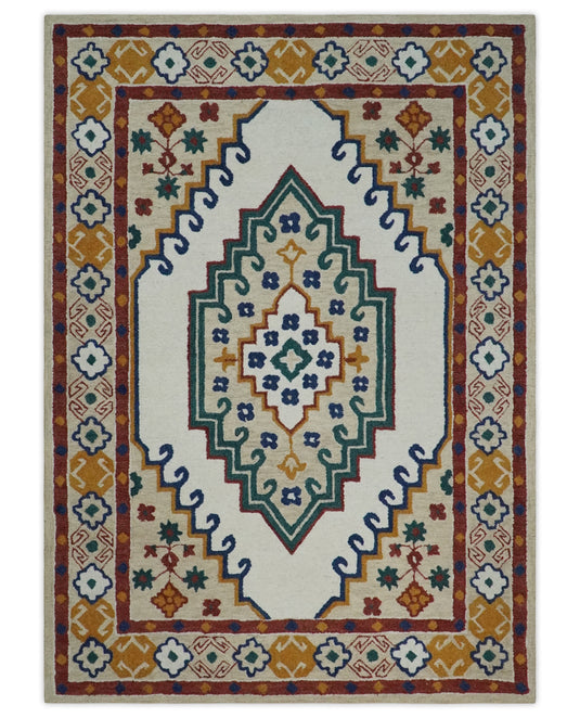 Custom Made Traditional Medallion Pattern Ivory, Green, Blue And Rust Hand Tufted  Wool Area Rug