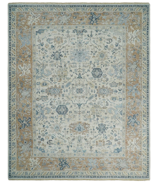 Beige And Rust Vintage Traditional Handknotted Persian Rug Made with Wool | Oxidised,DIstressed low Pile Vintage Rug, Living Room Rug