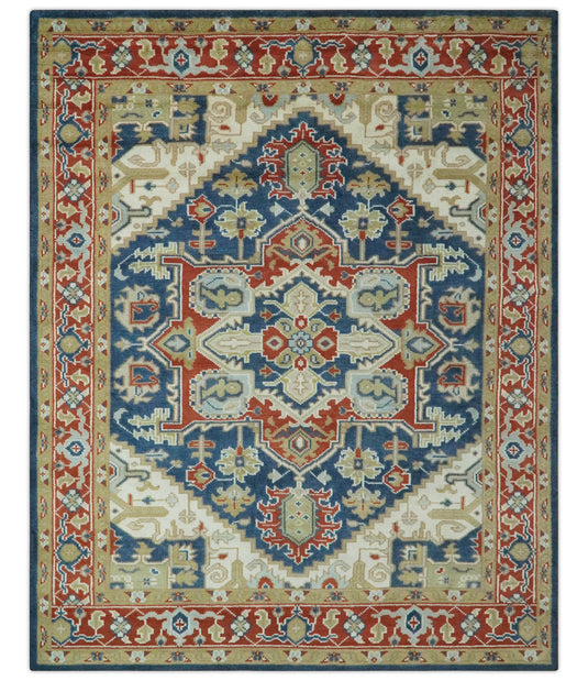 Custom Made Traditional Pattern Blue, Ivory, Red and Beige Hand Knotted wool Area Rug