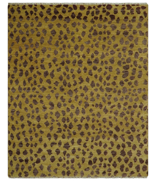 Custom Made Hand Knotted Leopard Design Mustard And Brown Wool Area Rug
