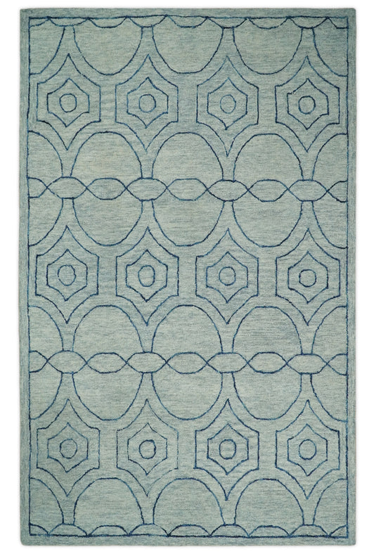 Custom Made Modern Geometrical Pattern Gray And Blue Hand Tufted Wool Area Rug