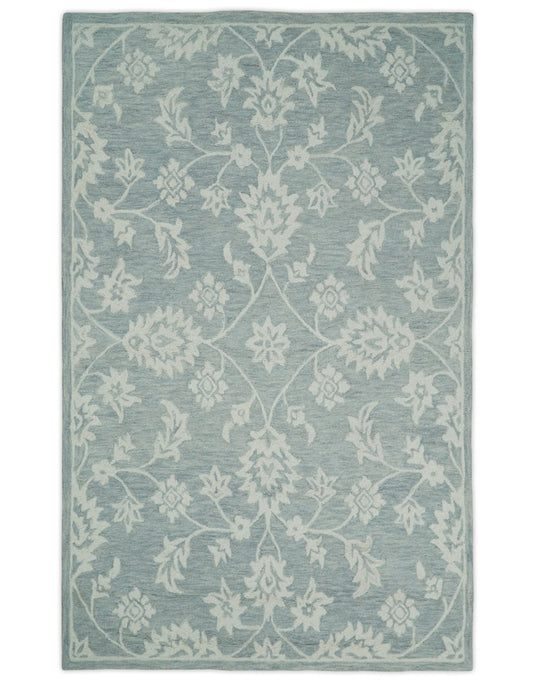 Custom Made Floral Pattern Ivory And Gray Hand Tufted Wool Area Rug