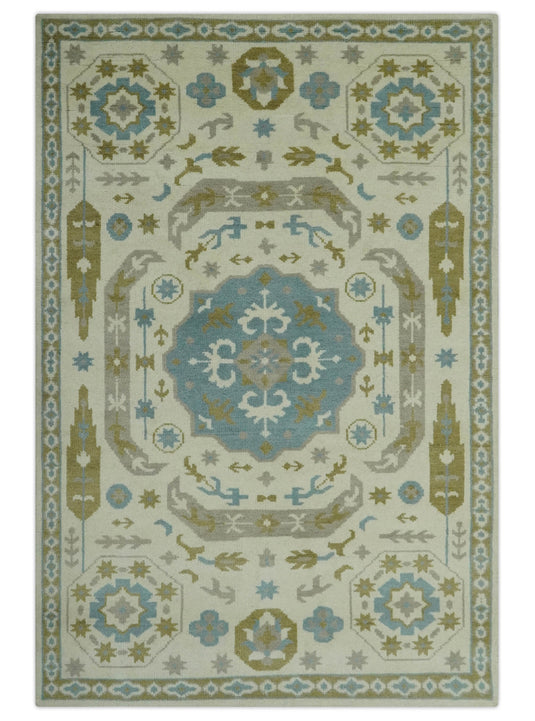 Ivory, Blue, Gray And Olive Traditional Medallion Mamluk Hand Knotted 6x9 ft wool Area Rug