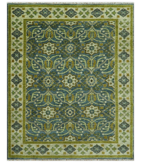 Custom Made Traditional Motifs Blue And Olive Hand Knotted Wool Area Rug