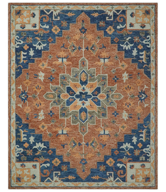 Custom Made Medallion Floral Blue, Silver, Ivory And Dark Peach Hand Tufted Wool Area Rug