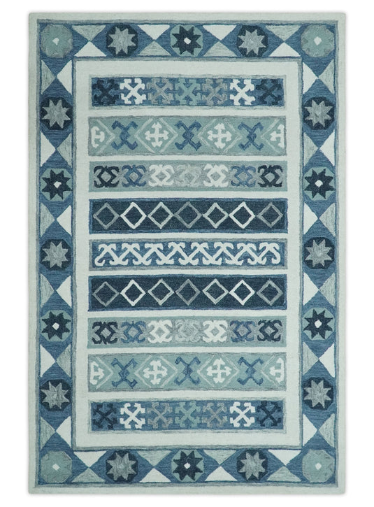 Custom Made Blue, Teal, Ivory And Charcoal Tribal Pattern Hand Tufted Wool Area Rug