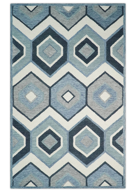 Custom Made Geometrical Honeycomb Pattern Ivory, Blue And Gray Hand Tufted  Wool Area Rug