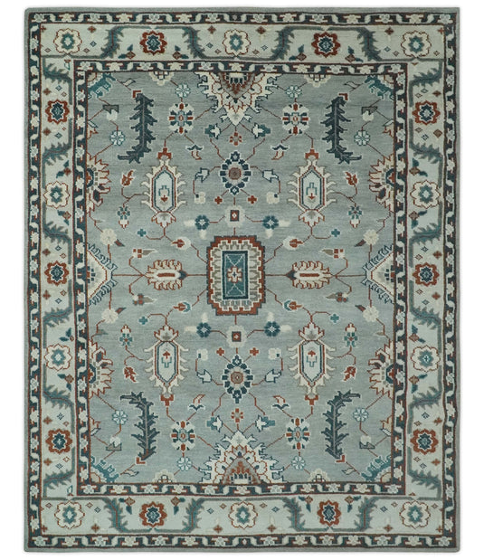 Traditional Pattern Gray, Ivory, Charcoal and Rust Hand Knotted 8x10 ft wool Area Rug