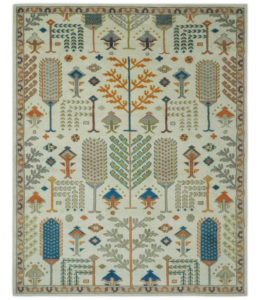 Tree Of Life Traditional Floral Ivory, Gray, Orange and Blue Hand Knotted 8x10 ft wool Area Rug