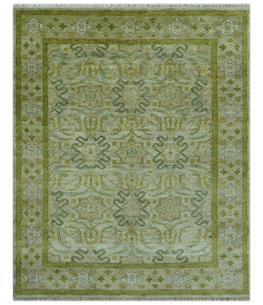 Custom Made Hand Knotted Green, Silver And Olive Traditional Floral Motifs Wool Rug Wool Area Rug