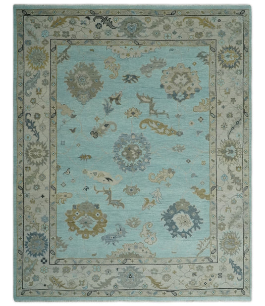 Traditional Oushak Hand Knotted Light Blue And Ivory 8x9.6 ft Bedroom, Living Room Rug Wool Area Rug