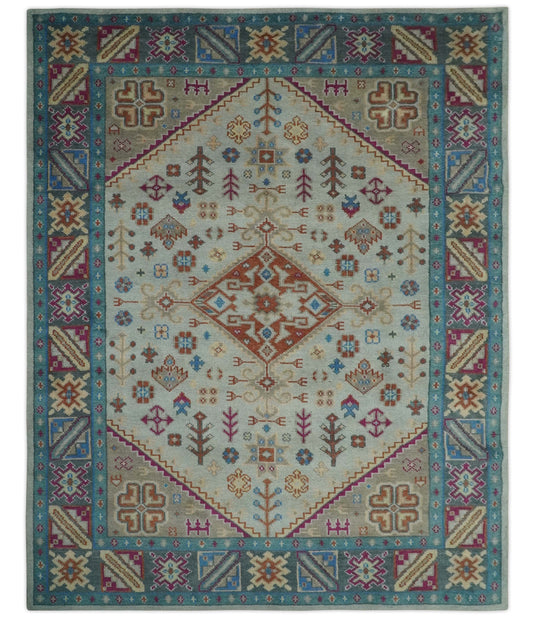 Custom Made Traditional Medallion Pattern Beige, Grey and Blue Hand Knotted wool Area Rug