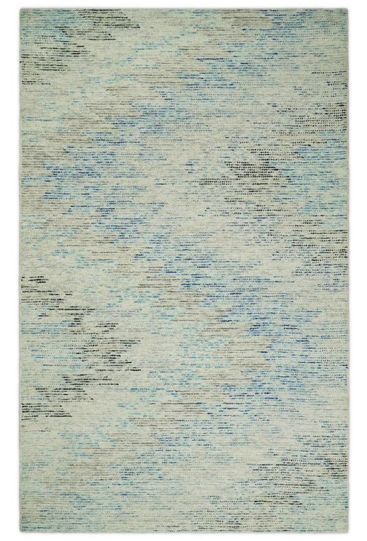 Custom Made Abstract Ivory, Blue, Charcoal And Beige Hand Tufted Wool Area Rug