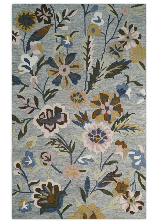 Custom Made Colorful Floral Pattern Gray, Peach, Ivory, Gold And Brown Hand Tufted  Wool Area Rug