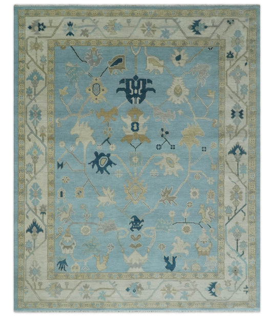 Custom Made Hand Knotted Oushak Blue, Ivory And Beige Wool Area Rug