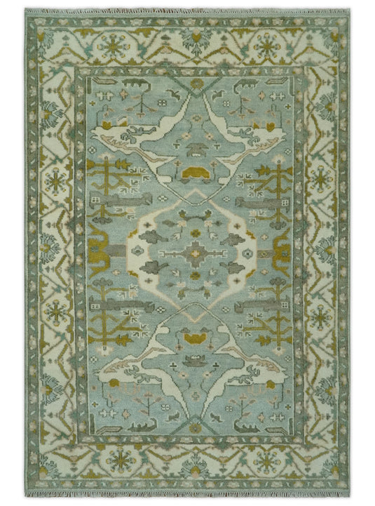 Custom Made Hand Knotted Oriental Oushak Aqua, Olive, Gray And Ivory Wool Area Rug