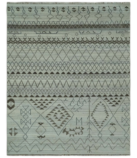 Diamond Trellis Pattern Ivory And Charcoal Hand Knotted 8x10 ft wool Area Rug