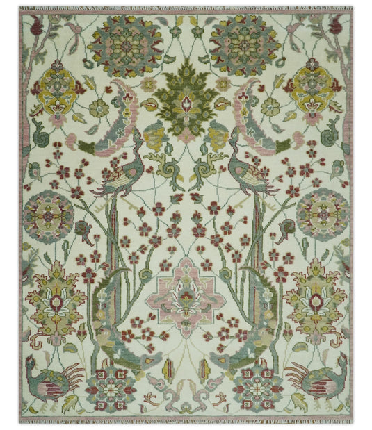 Maroon, Ivory, Green And Peach Antique Floral jungle Hand Knotted 8x10 ft Wool Rug, Living Room Rug