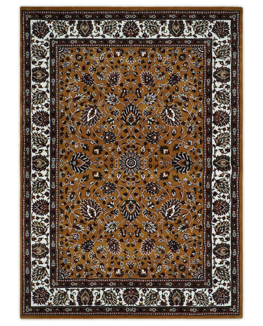 Traditional Floral Brown And White Hand Woven 5x7 ft Bedroom, Living Room Rug Wool Area Rug