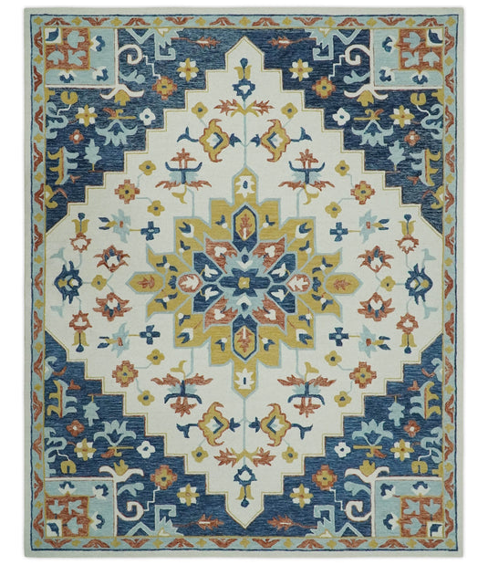 Custom Made Ivory, Blue, Rust And Olive Medallion Floral Hand Tufted Wool Area Rug