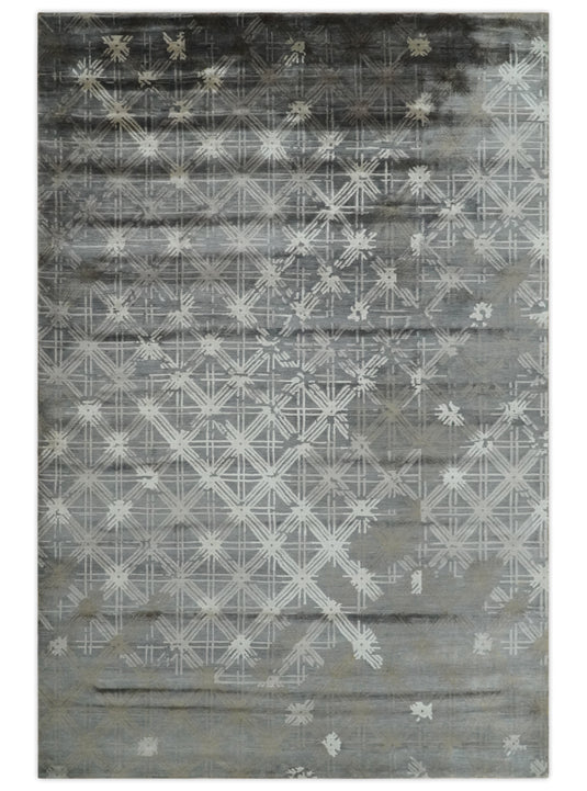 Modern Geometrical Hand knotted Gray, Charcoal and Beige 6x9 ft Bedroom, Living Room Rug Viscose Area Rug