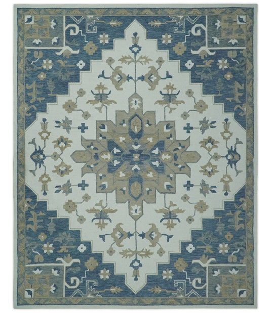 Custom Made Blue, Beige And Ivory Traditional Medallion Hand Tufted Wool Area Rug