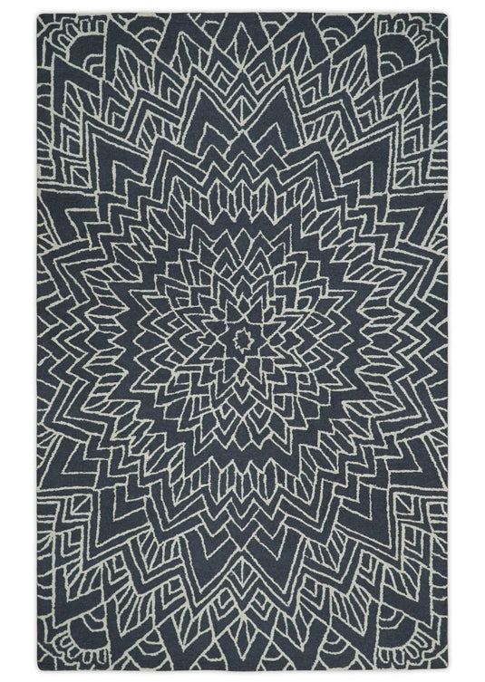 Custom Made Geometrical Radial lines Charcoal And Ivory Hand Tufted  Wool Area Rug