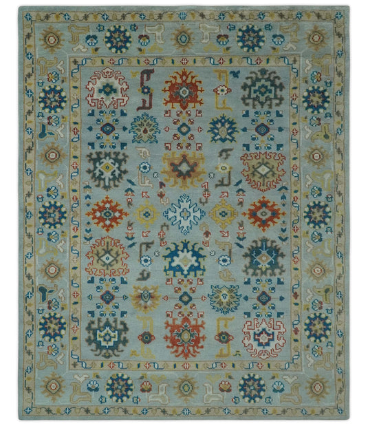 Vibrant Colorful Silver, Rust, Blue And Gold Oushak Hand Knotted 8x10 ft wool Area Rug