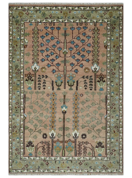 Pink,Olive and Beige Tree of Life Vintage Hand Knotted, Antique Turkish 5x8, 6x9, 8x10, 9x12, 10x14, 12x15 Wool Rug, Living Room Rug CP684S