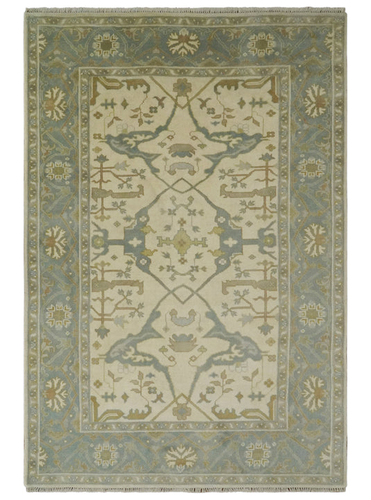 Custom Made Hand Knotted Beige, Cream And Gray Oriental Oushak Wool Area Rug