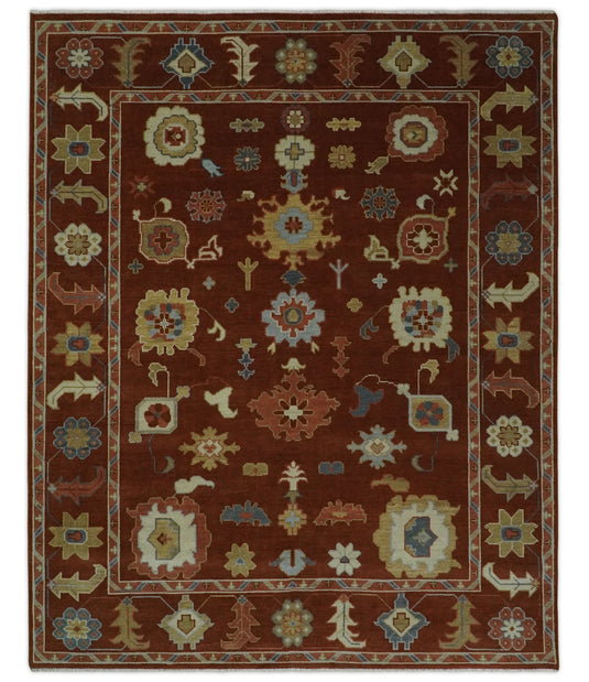 Custom Made Hand Knotted Oriental Oushak Maroon, Beige, Ivory And Blue Wool Area Rug