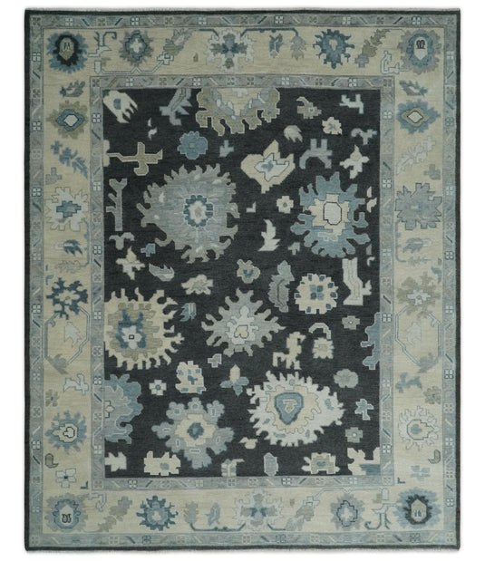 Custom Made Oriental Oushak Hand Knotted Black, Ivory And Gray Wool Area Rug